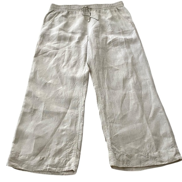 L.L. Bean Cream Beige Linen Straight Wide Leg Pants Size 16 Petite Lagenlook - Picture 3 of 13